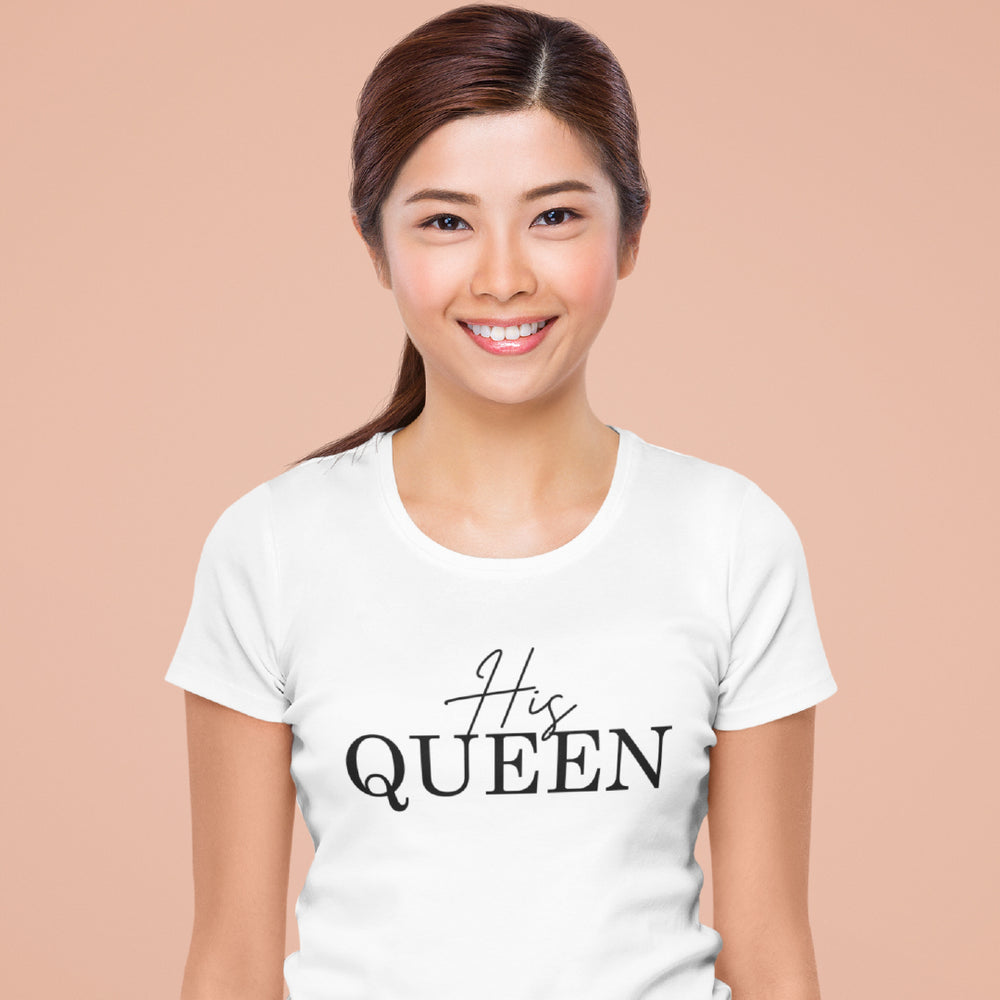 Women’s "His Queen" Graphic T-Shirt – Elegant Royal Crown Typography Tee – Soft Cotton Matching Couples' Shirt for HerWomen’s "His Queen" Graphic T-Shirt – Elegant Royal Crown Typography Tee – Soft Cotton Matching Couples' Shirt for Her