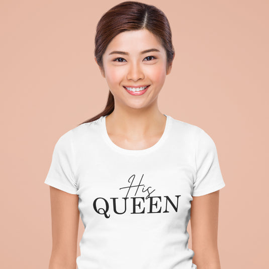 Women’s "His Queen" Graphic T-Shirt – Elegant Royal Crown Typography Tee – Soft Cotton Matching Couples' Shirt for HerWomen’s "His Queen" Graphic T-Shirt – Elegant Royal Crown Typography Tee – Soft Cotton Matching Couples' Shirt for Her