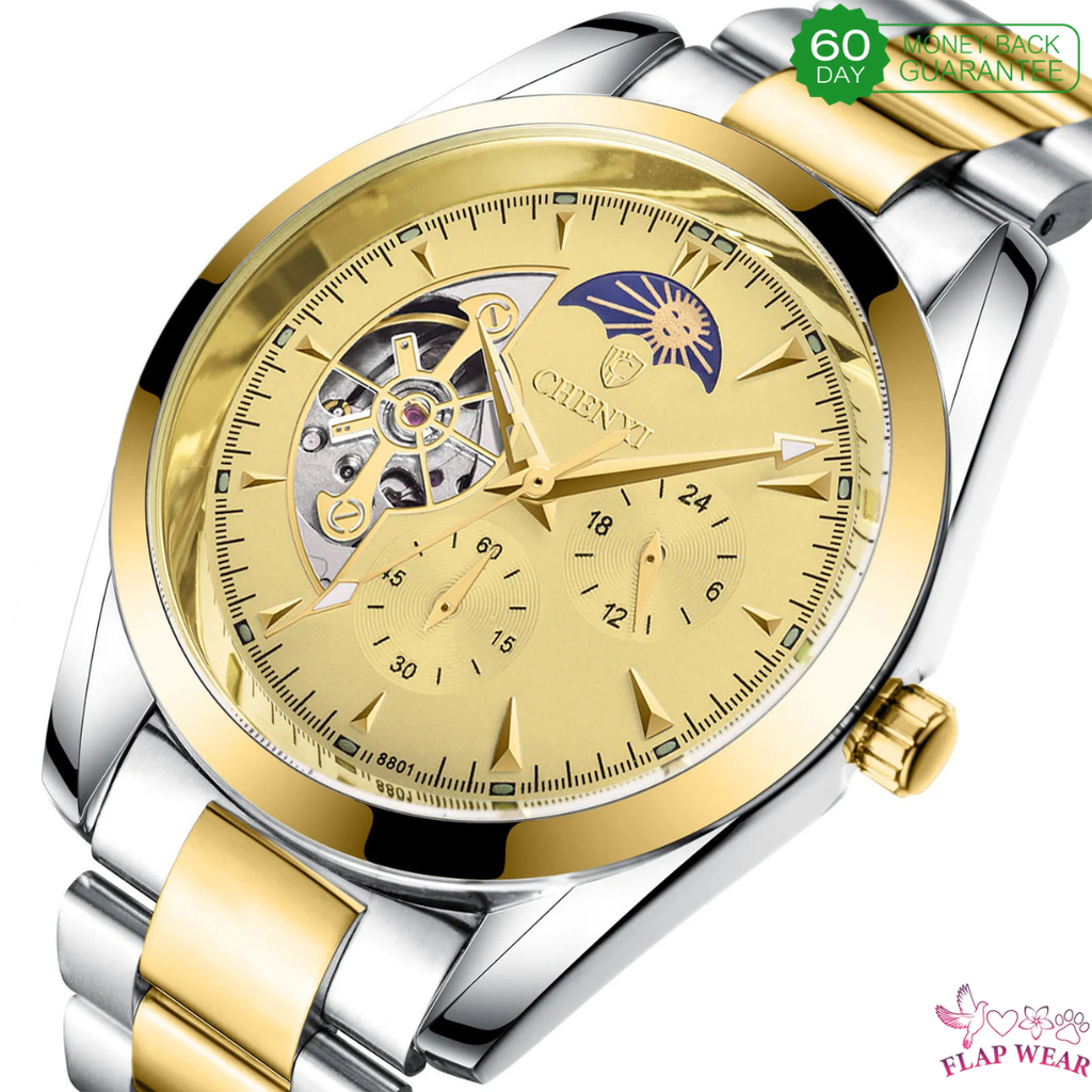 CHENXI Men's Automatic Mechanical Skeleton Watch - Luxury Stainless Steel Sun & Moon Phase Wristwatch