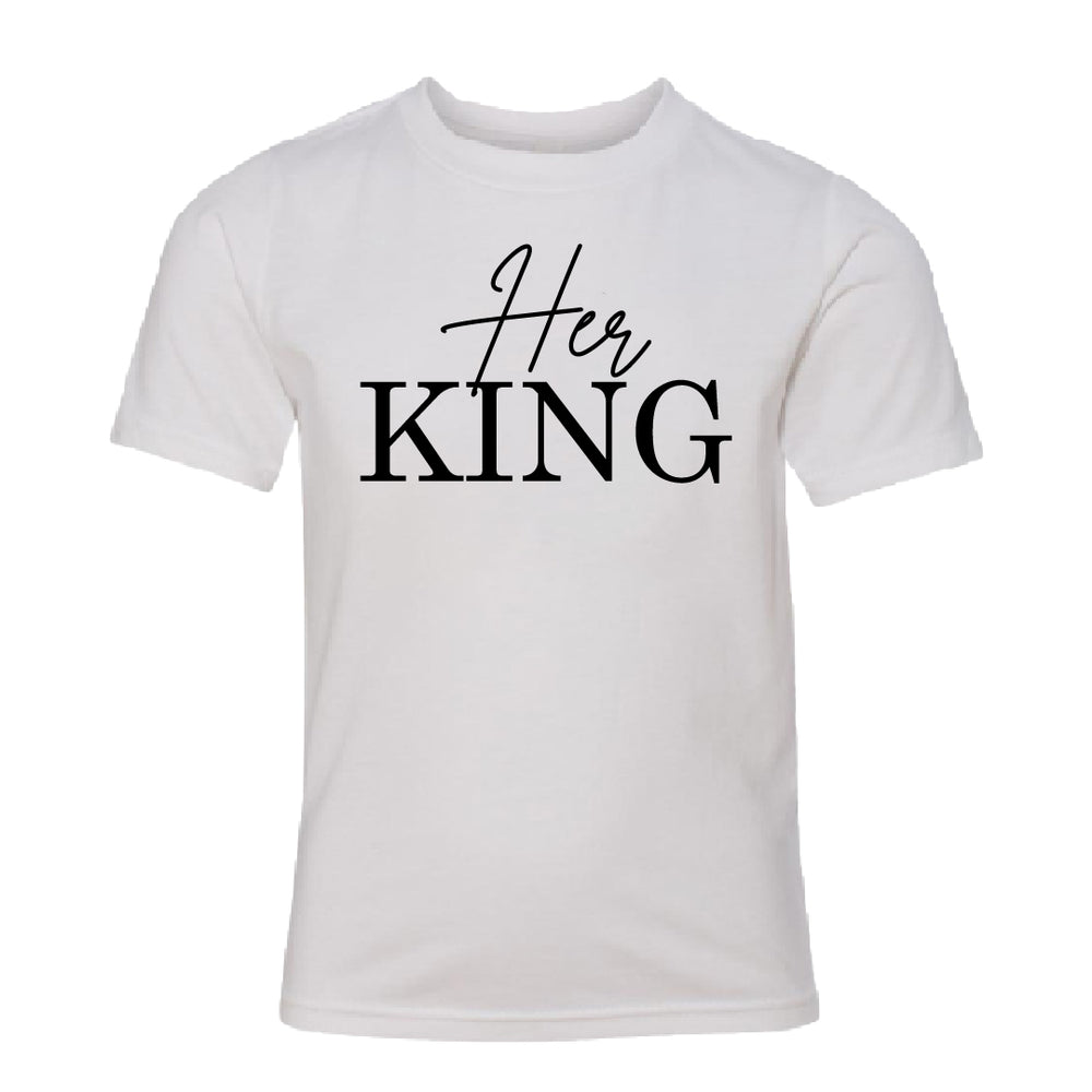 Kids "Her King" Graphic T-Shirt – Youth Royal Crown Typography Tee – Soft Cotton Matching Family Shirt for Boys