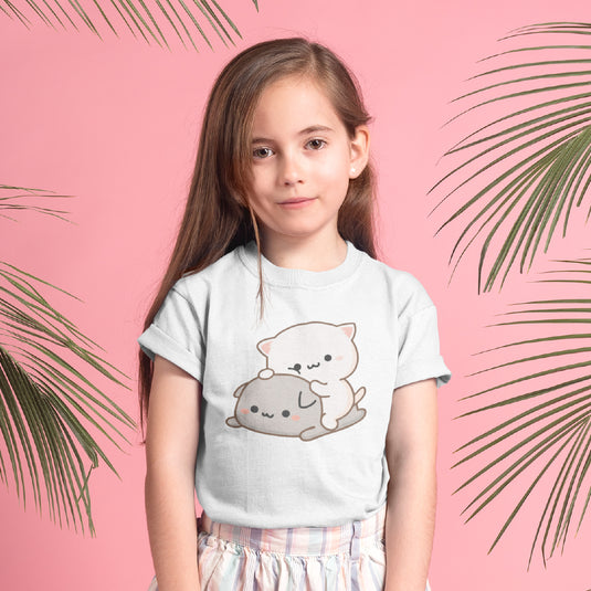 Kids Peach & Goma Funny T-Shirt – Youth Mochi Peach Cat Graphic Tee – Cute Mocha & Milk Lovers Shirt for Boys & Girls – Funny Cartoon Couple Youth Top