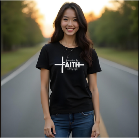 Faith Cross Women’s Christian T-Shirt – “For We Live by Faith, Not by Sight” (2 Corinthians 5:7)