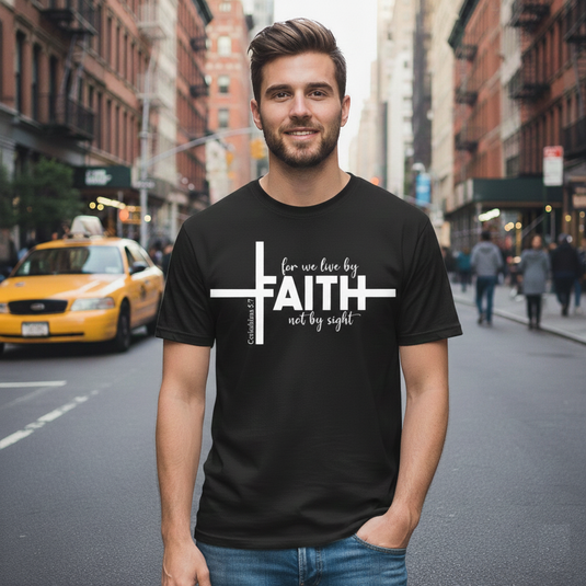 Faith Cross Men’s T-Shirt – For We Live By Faith, Not By Sight