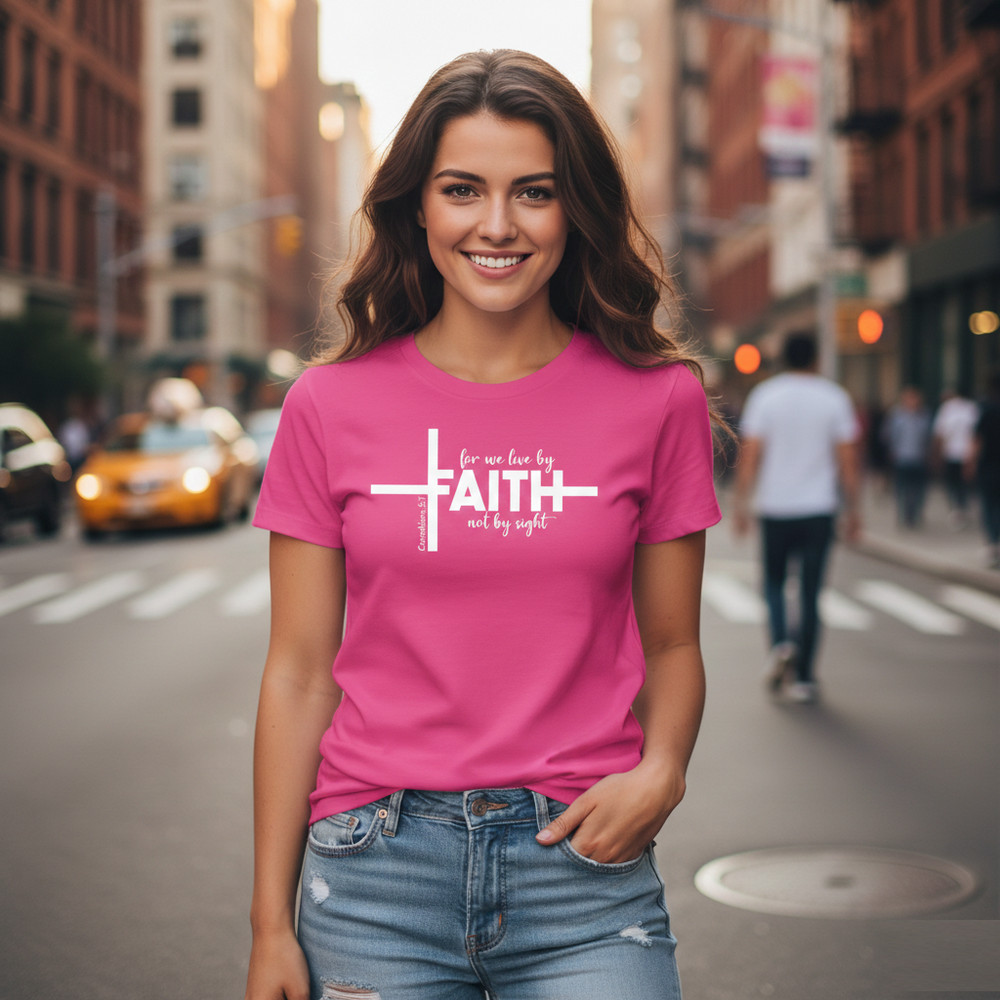 Faith Cross Women’s Christian T-Shirt – “For We Live by Faith, Not by Sight” (2 Corinthians 5:7)