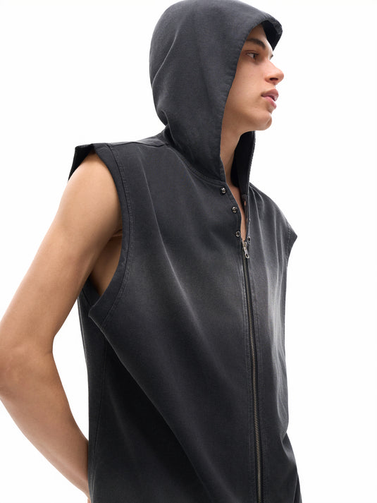 Unisex Vintage Washed Zip-Up Hooded Tank Top | tank top,tank top men,tank tops women,tank top with built in bra,tank tops women y2k