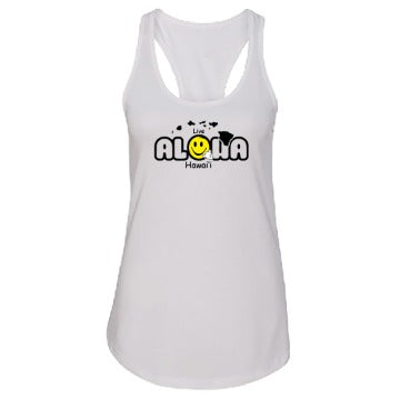 Women’s Live Aloha Hawai’i Racerback Tank Top – Tropical Island Vibes with Smiley Shaka