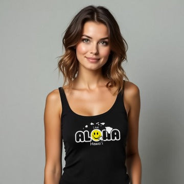 Women’s Live Aloha Hawai’i Racerback Tank Top – Tropical Island Vibes with Smiley Shaka