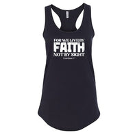 Women’s “For We Live By Faith” Christian Racerback Tank Top – Inspirational Bible Verse (2 Corinthians 5:7)