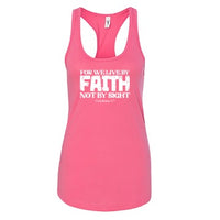 Women’s “For We Live By Faith” Christian Racerback Tank Top – Inspirational Bible Verse (2 Corinthians 5:7)